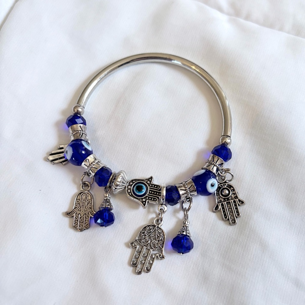 Silver Hamsa & Blue Bead Charm Bracelet Evil Eye